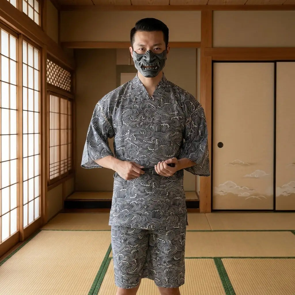 Jinbei con estampado de olas seigaiha para hombre
