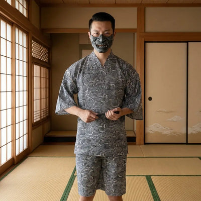 Jinbei con estampado de olas seigaiha para hombre