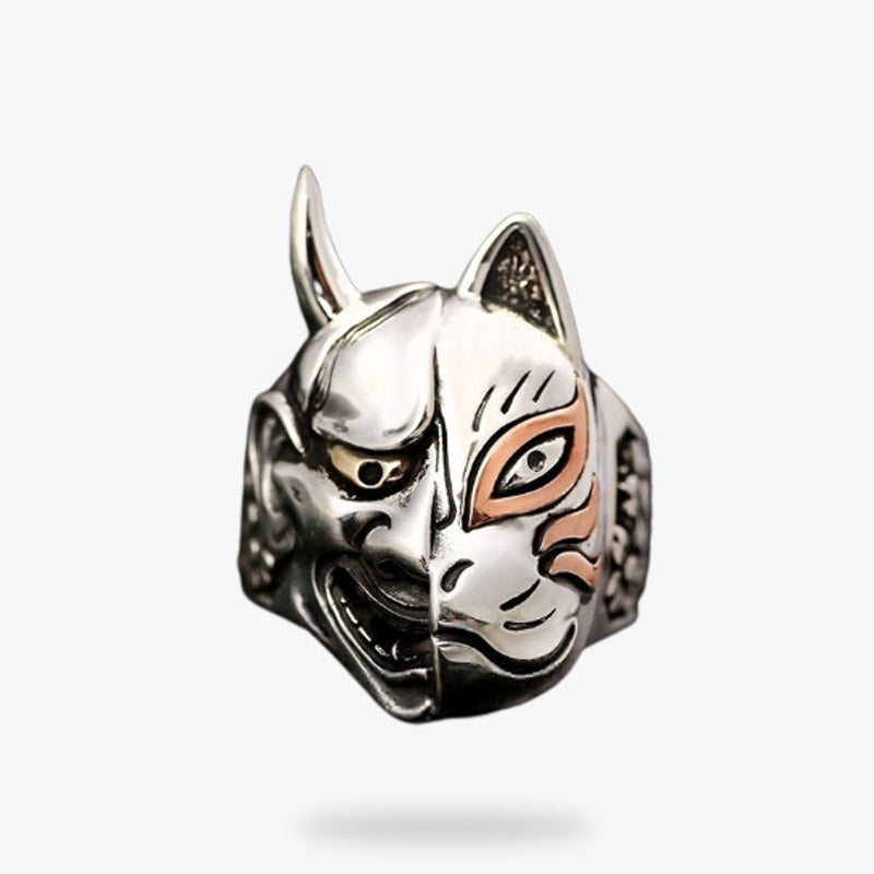Anillo japonés con máscara Oni y kitsune grabados