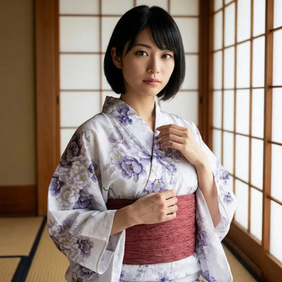 Vista frontal del vestido kimono blanco de peonías con el cierre cruzado