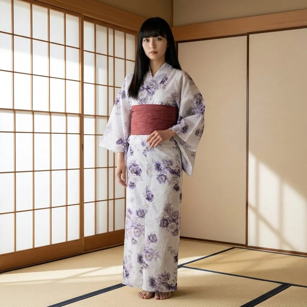 Kimono blanco de flores con estampado inspirado en la peonía llevado como prenda cruzada