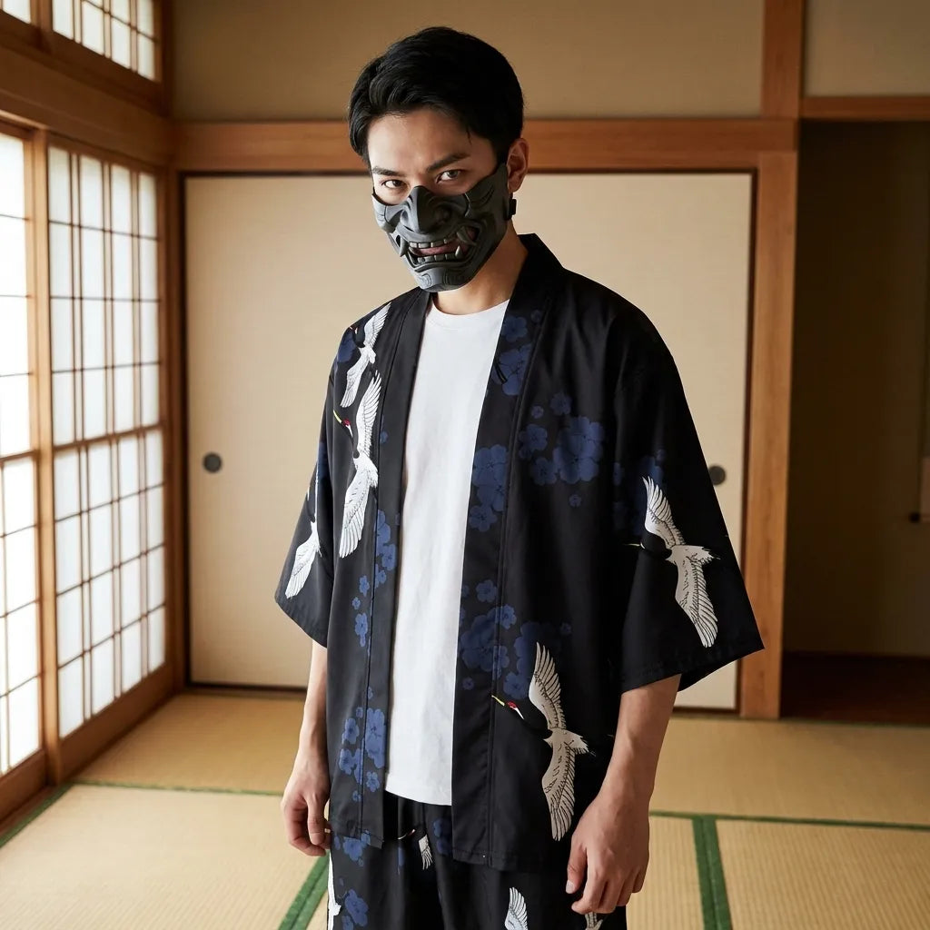 Kimono camisa hombre vista frontal con estampado grulla