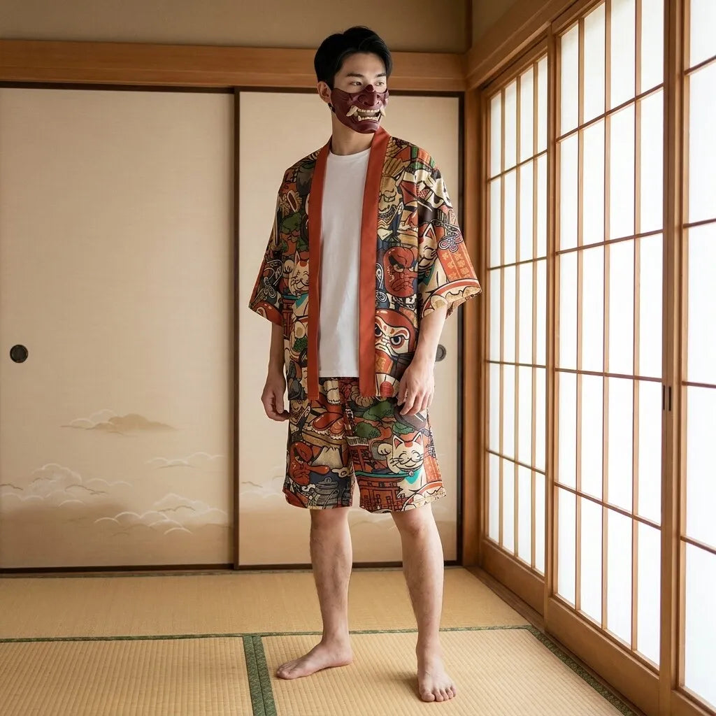 Kimono corto hombre conjunto haori y short vista frontal detalle