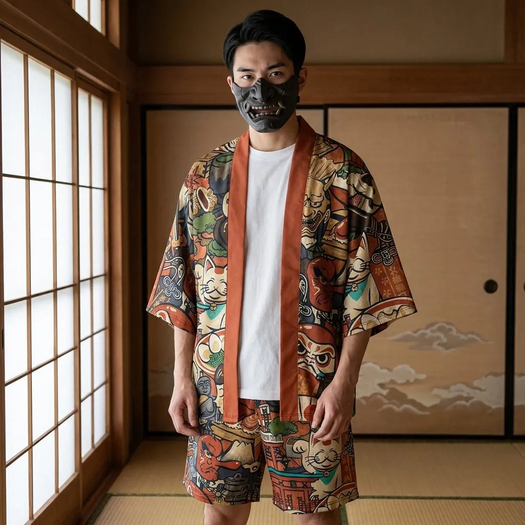 Kimono corto hombre chaqueta haori vista frontal con motivos japoneses