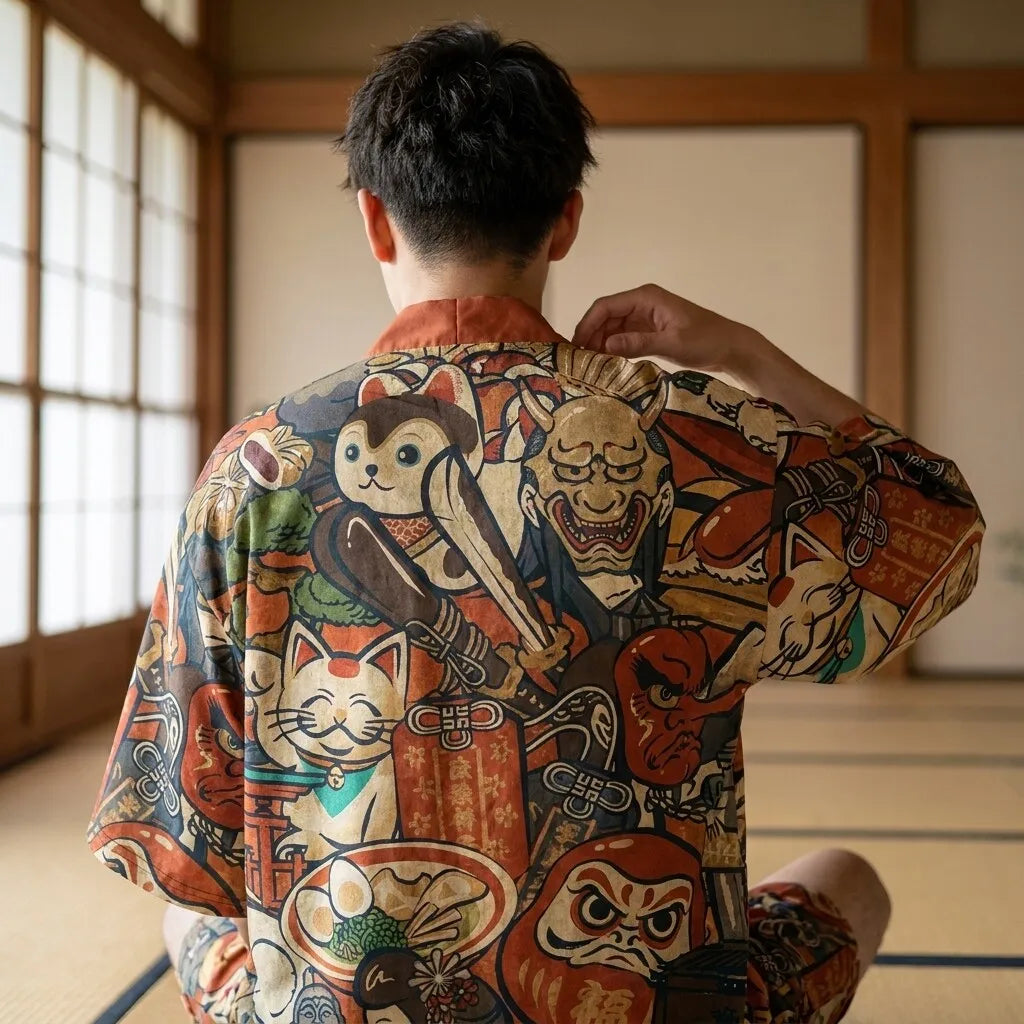 Kimono corto hombre chaqueta haori vista posterior segundo ángulo