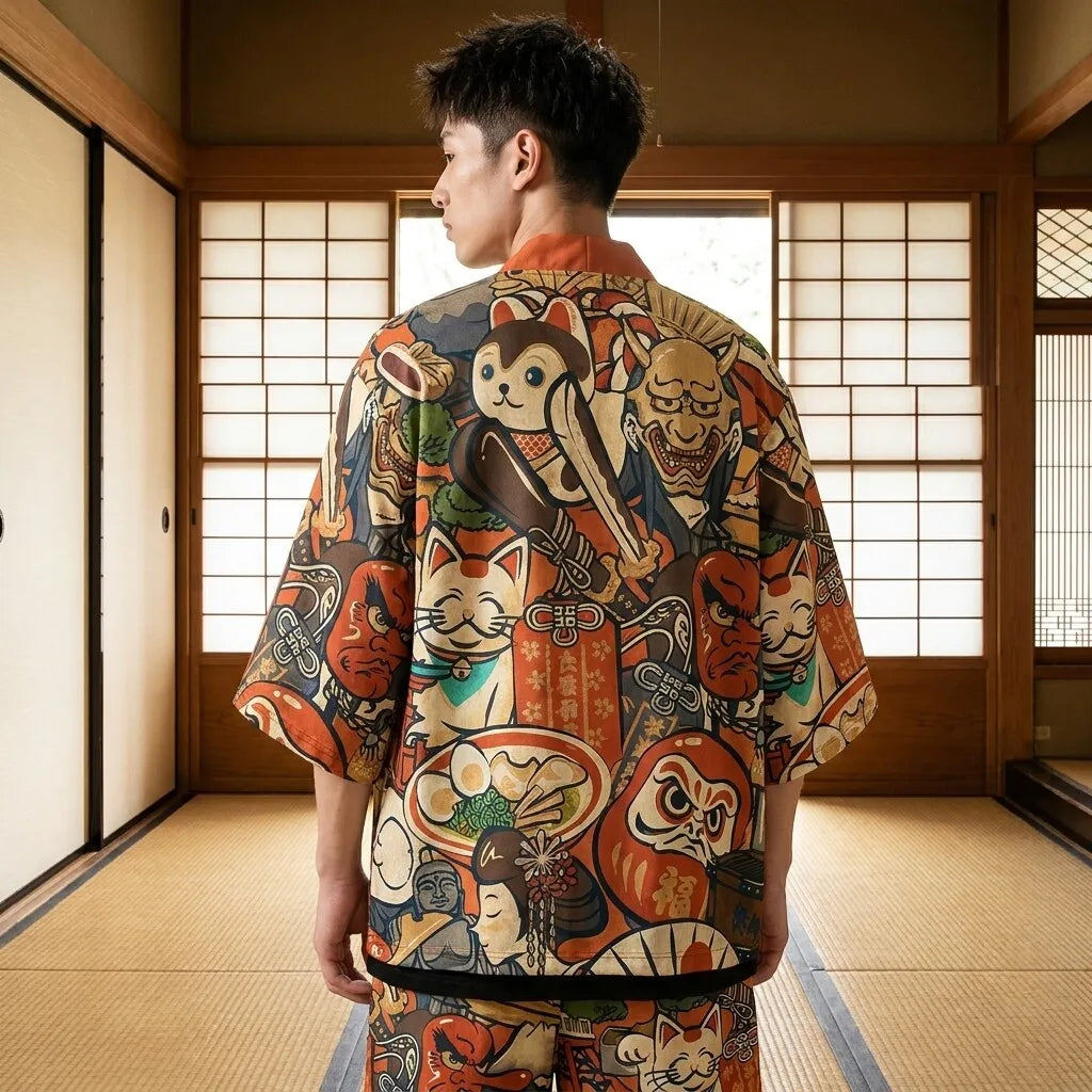 Kimono corto hombre chaqueta haori vista posterior estampado tradicional