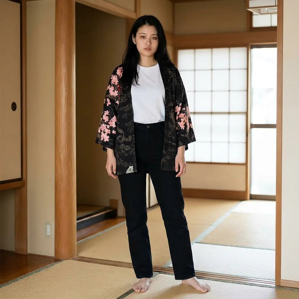 Kimono dragón para mujer en color negro con estampado de flores y dragón, fotografiado sobre tatami