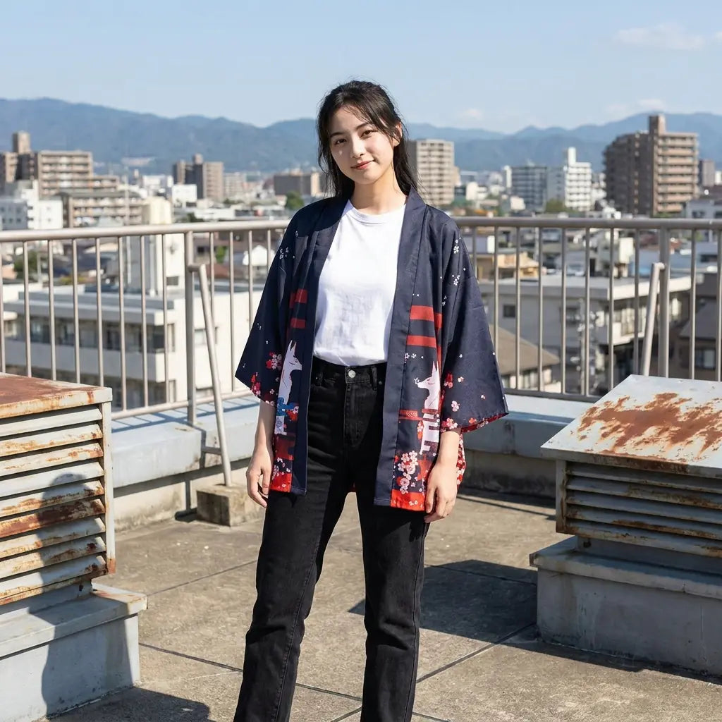 Kimono envolvente con torii negro sobre una azotea, con colinas al fondo