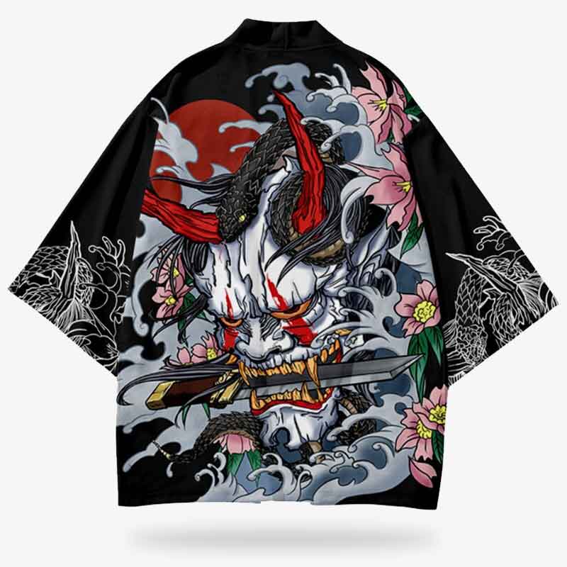 Chaqueta kimono estilo oni que combina artesanía tradicional con imaginería demoníaca japonesa