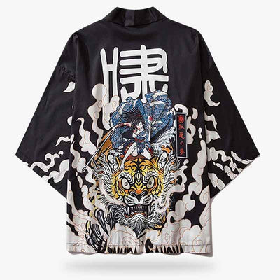 Kimono estilo manga con guerrera samurái y tigre de tres ojos