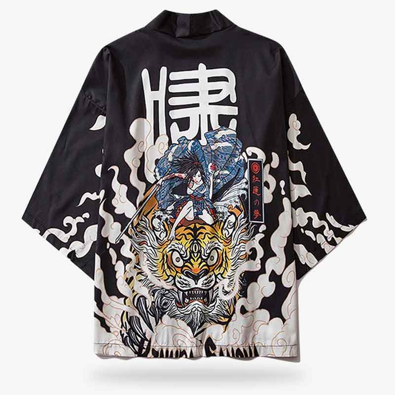 Kimono estilo manga con guerrera samurái y tigre de tres ojos