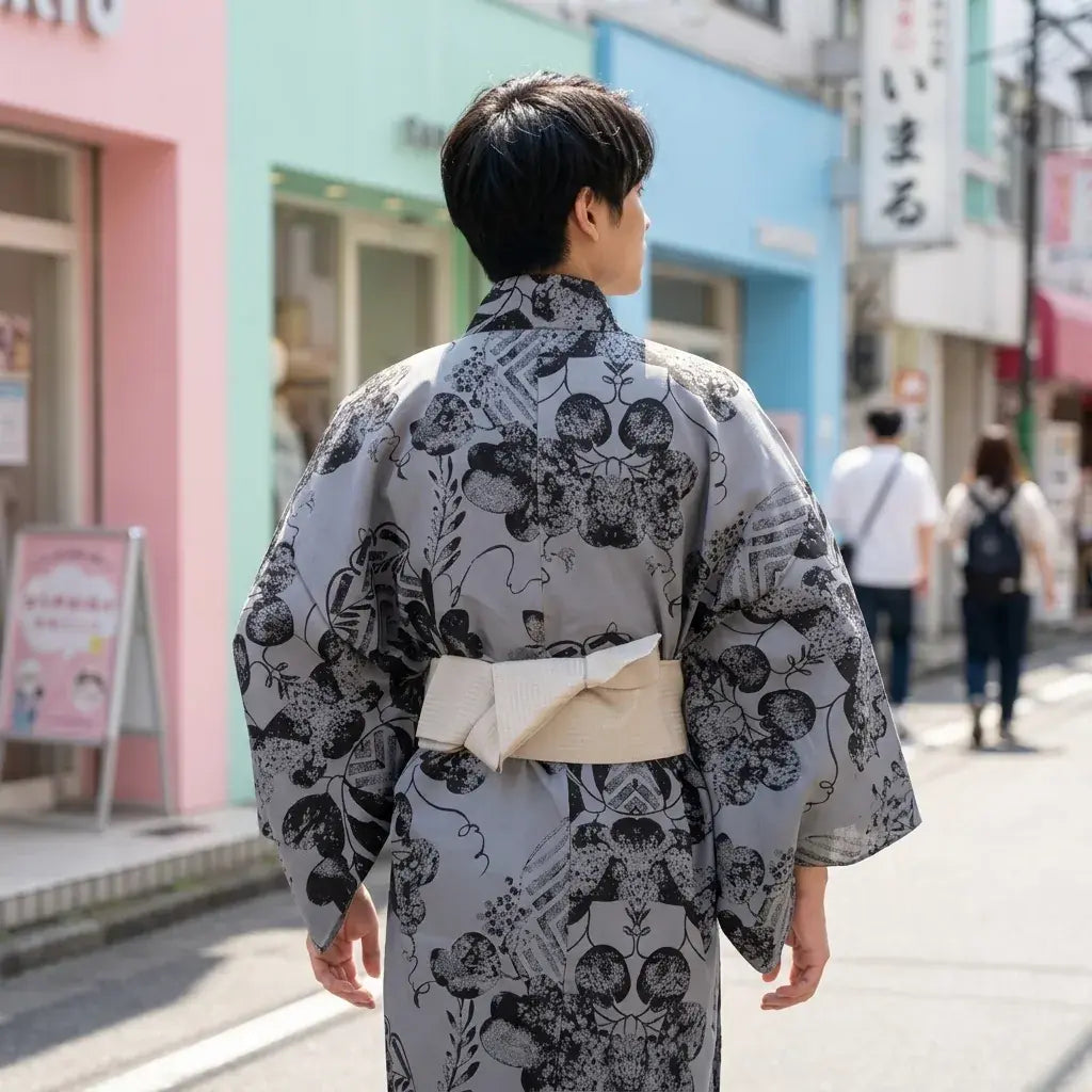 Kimono Gris Hombre llevado por un hombre en una habitación japonesa tradicional, vista frontal