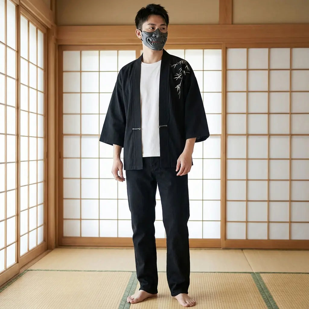 Kimono haori hombre en un interior tradicional japonés