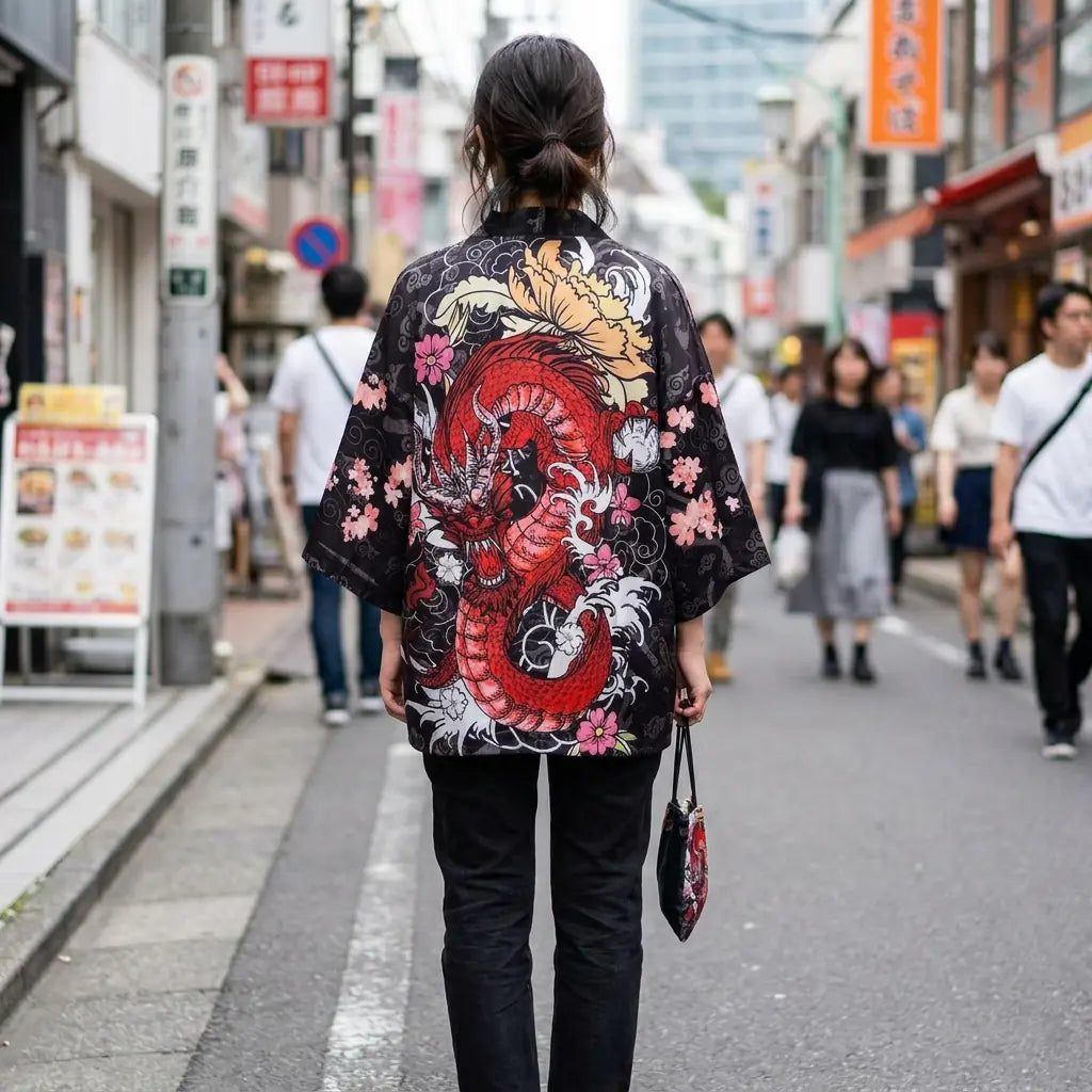 Mujer vista de espaldas con chaqueta haori dragón en una calle de Harajuku