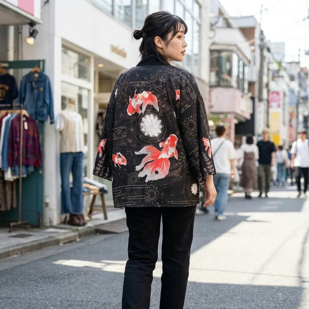 Mujer vista de espaldas con un kimono estilo Harajuku en la calle