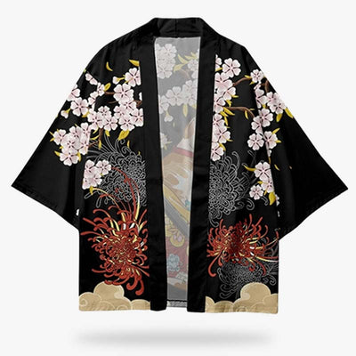 El Kimono Harajuku kimono es una chaqueta que se lleva sobre un yukata. La tela es negra con estampados florales japoneses, como sakura y lycoris radiata (flor de Tokyo Ghoul).
