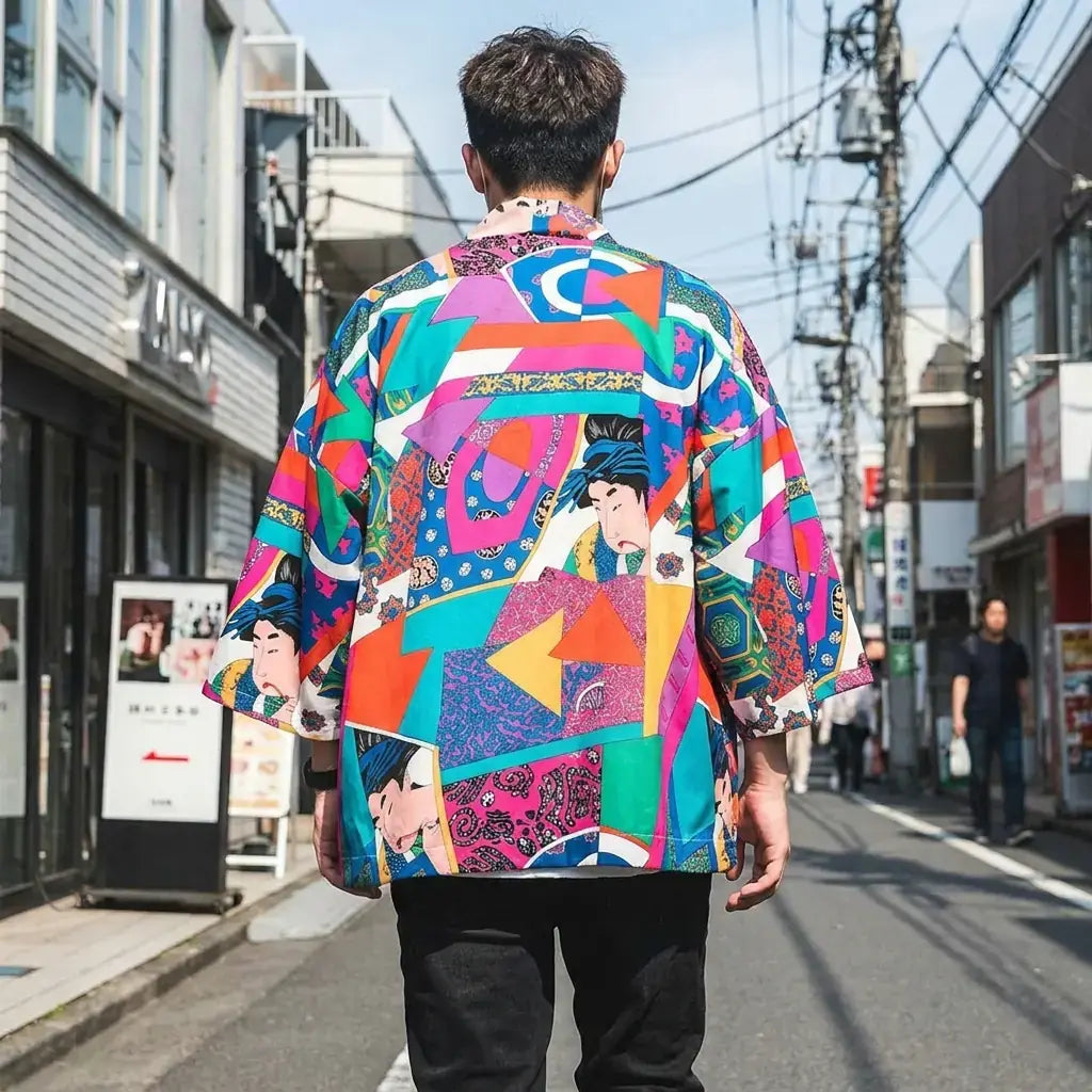 Kimono ukiyo-e azul llevado por un hombre en una habitación japonesa tradicional, vista frontal