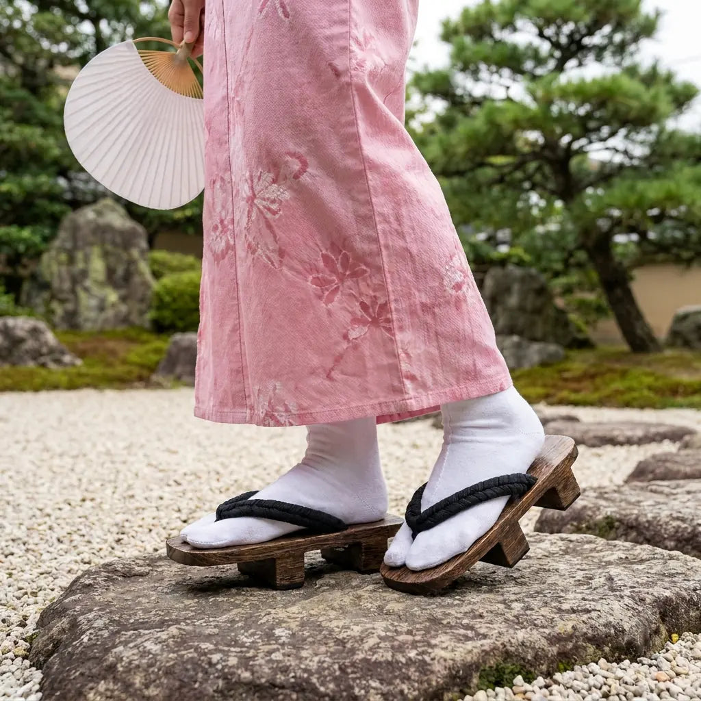Sandalias geta combinadas con un kimono rosa en un jardín japonés