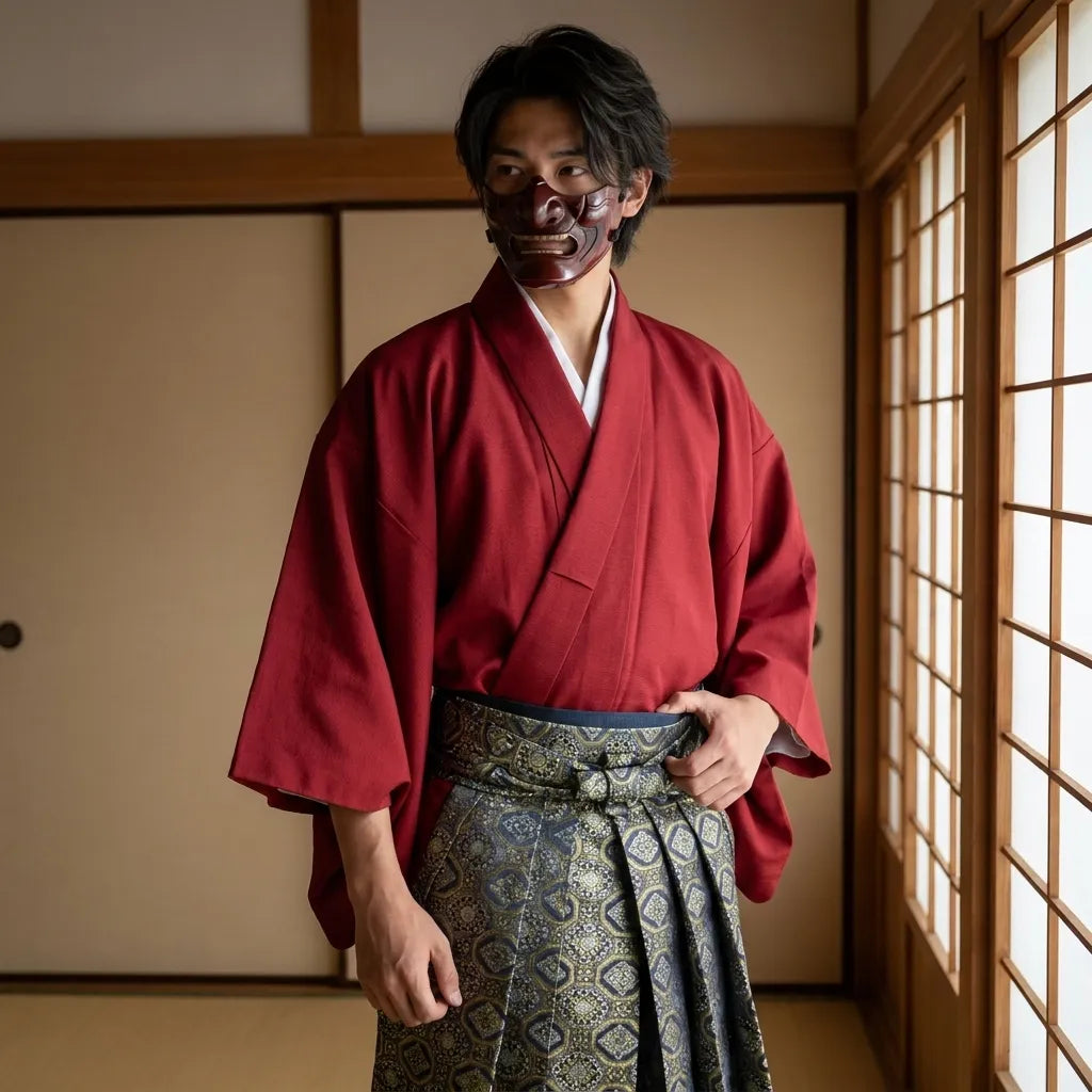 Kimono hombre tradicional visto de frente sobre fondo neutro