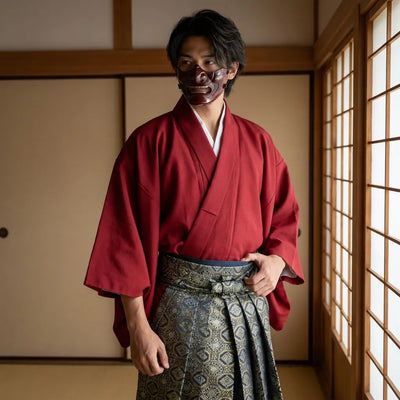 Kimono hombre tradicional visto de frente sobre fondo neutro