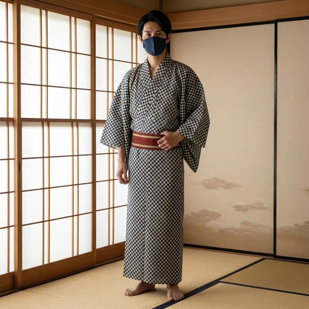 Kimono Ichimatsu hombre con estampado de tablero japonés