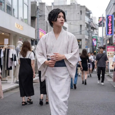 Corte a tres cuartos del kimono japones blanco