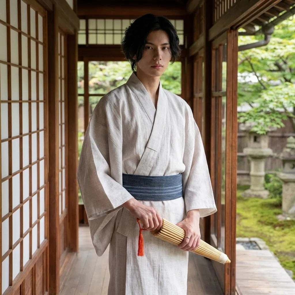 Kimono japones blanco con estilo samurai para hombre