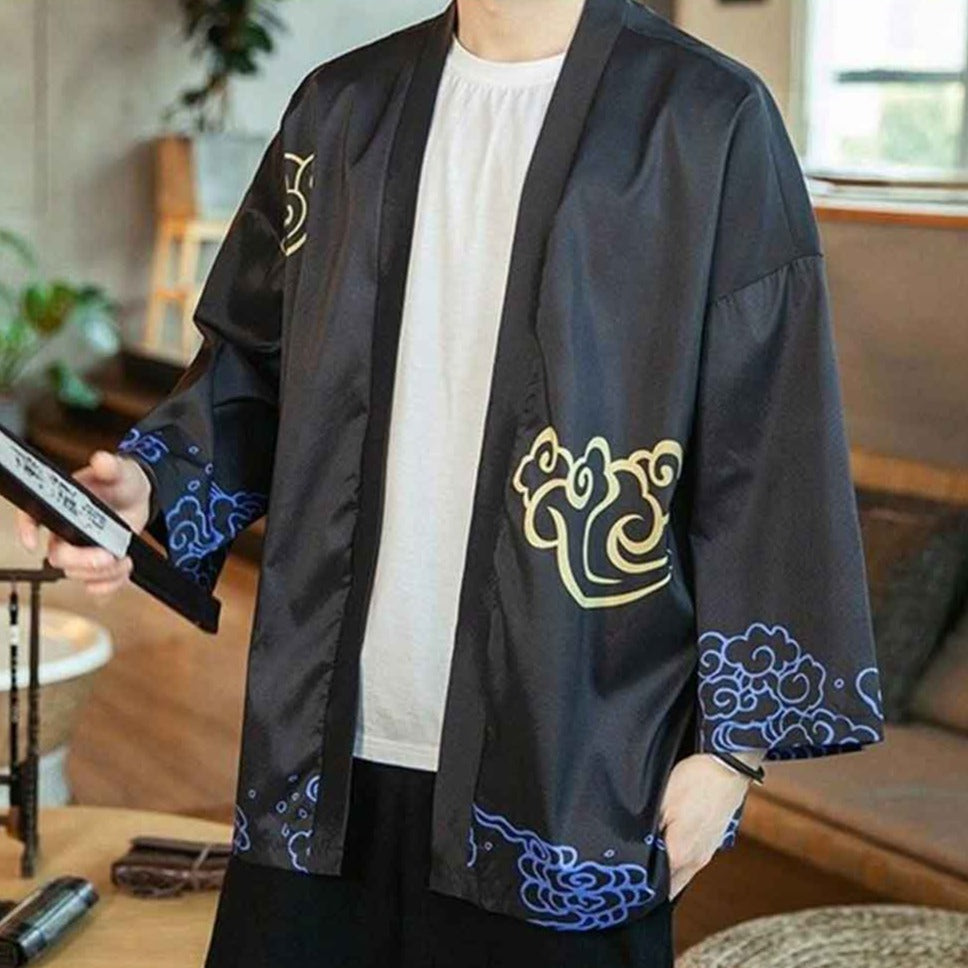 Kimono japones hombre con grullas tsuru bordadas