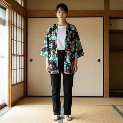 Mujer con chaqueta kimono estilo streetwear en una habitación con tatami y shoji