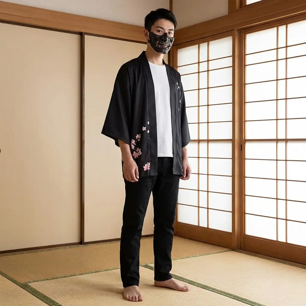 Hombre luciendo una chaqueta kimono japonesa en una sala washitsu tradicional, vista frontal