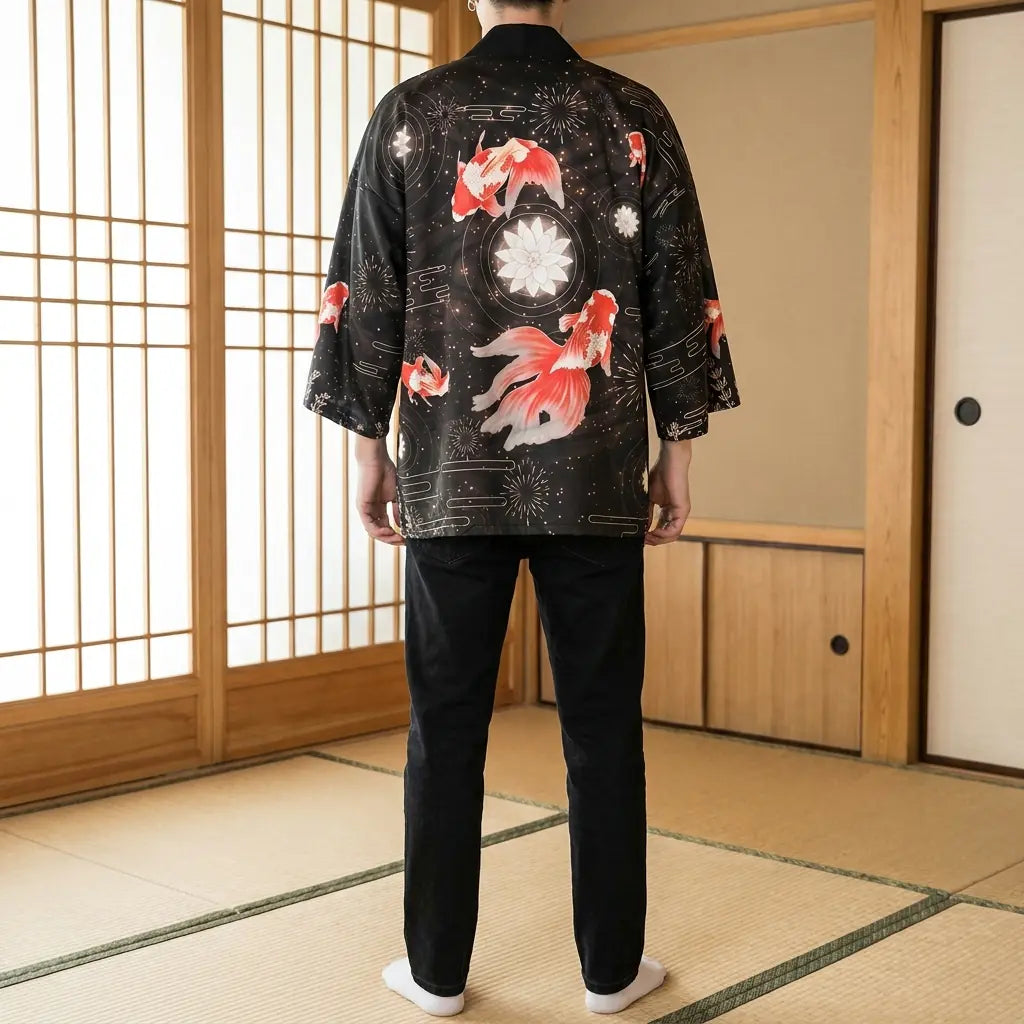 Vista trasera de una chaqueta kimono japonesa mostrando el diseño completo