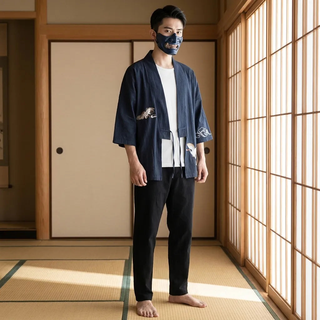 Kimono japonés para hombre con motivo de grulla