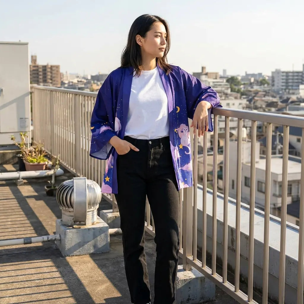 Kimono japones mujer con luna y gato de la fortuna