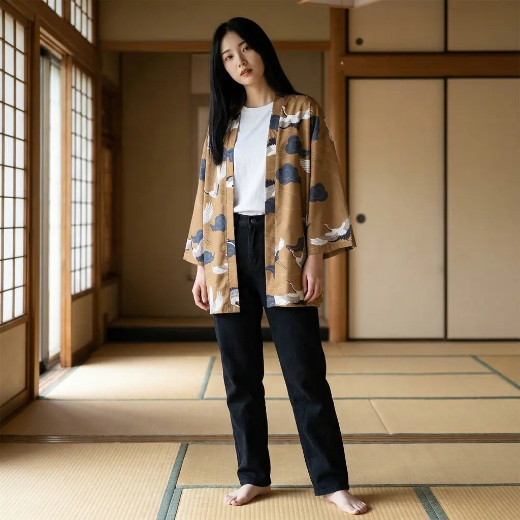 Mujer con un kimono japones mujer en una habitación washitsu con tatami y shoji