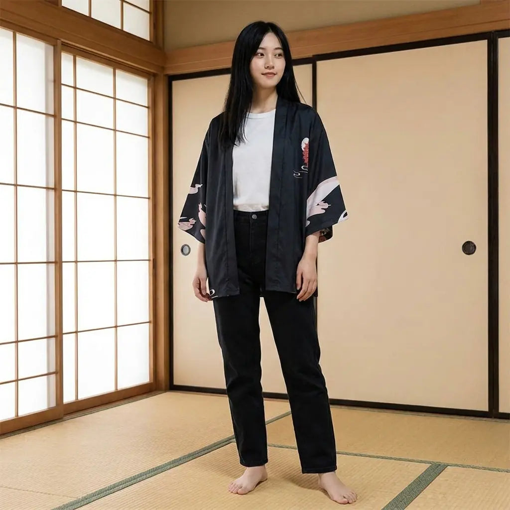 Mujer con un kimono haori anime en una sala washitsu con tatami y puertas shoji