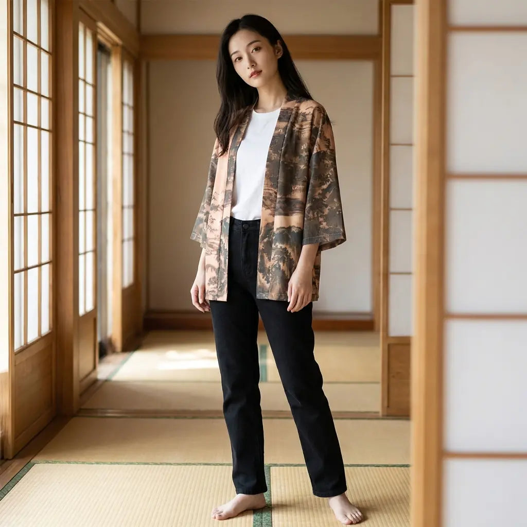 Mujer con un kimono streetwear unisex en una sala washitsu con tatami