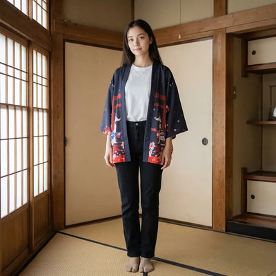 Kimono kitsune azul marino con estampado de torii y zorros blancos sobre tatami