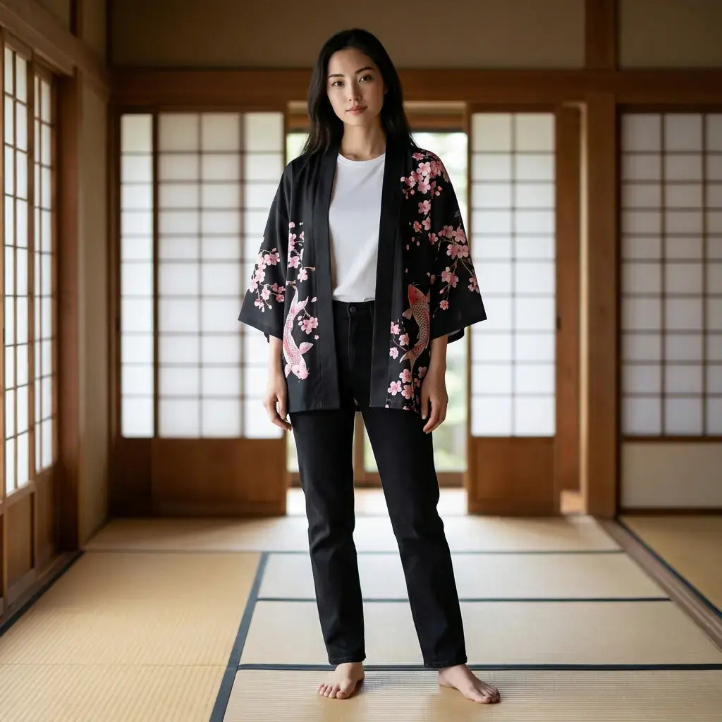 Kimono Koi Mujer llevado por un hombre en una habitación japonesa tradicional, vista frontal