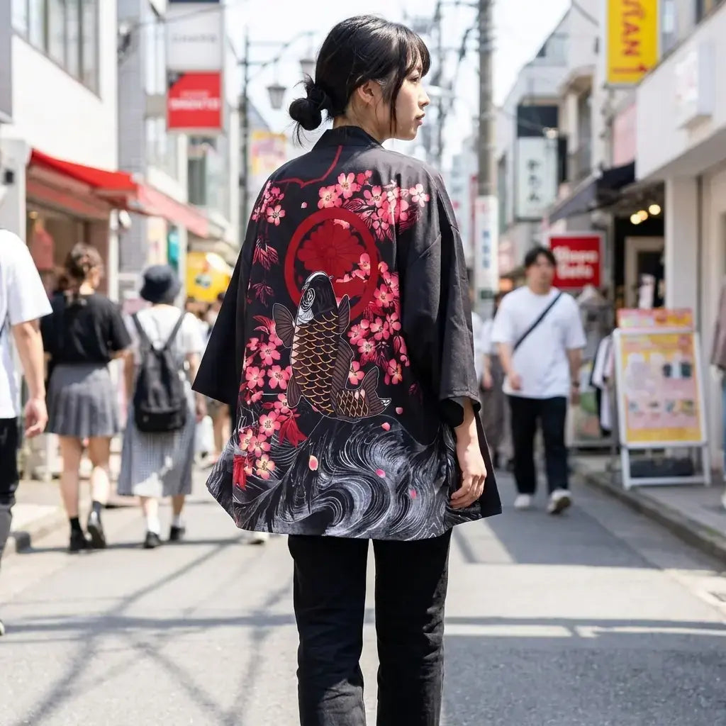 Kimono Koi Mujer llevado por un hombre en una habitación japonesa tradicional, vista frontal