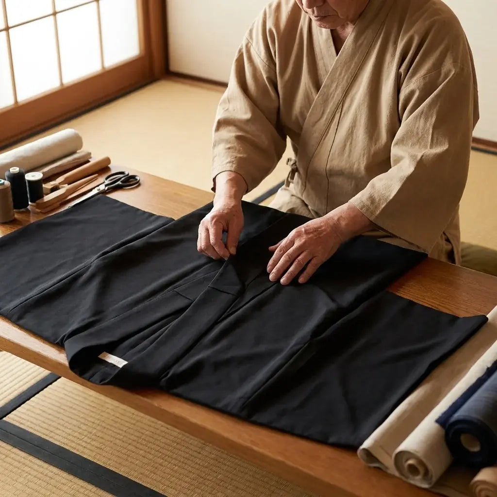 Kimono Moderno Hombre llevado por un hombre en una habitación japonesa tradicional, vista frontal