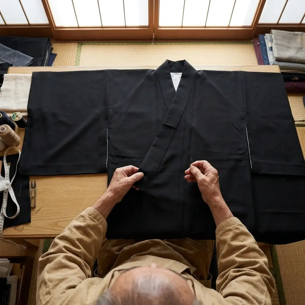 Kimono Moderno Hombre llevado por un hombre en una habitación japonesa tradicional, vista frontal