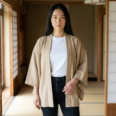 Kimono mujer casual color beige neutro visto de frente