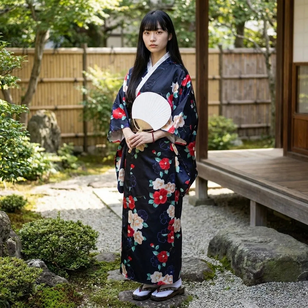 Vista trasera del kimono negro de camelia que muestra su corte cruzado de talla única