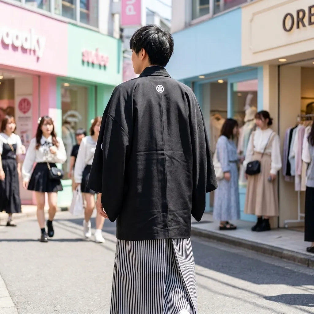 Kimono negro de espalda con cordón blanco del haori