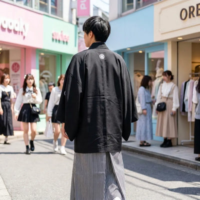 Kimono negro de espalda con cordón blanco del haori