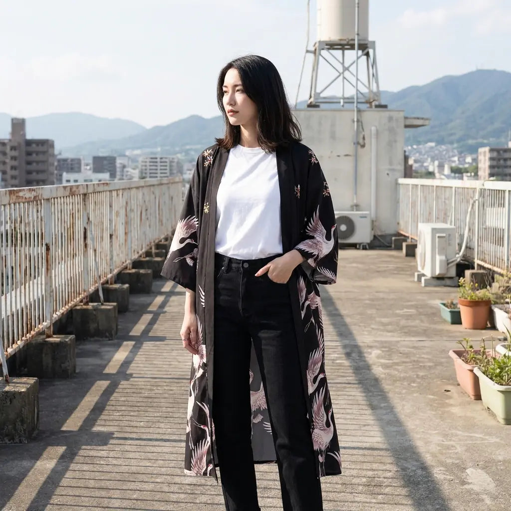 Kimono negro estampado de grullas