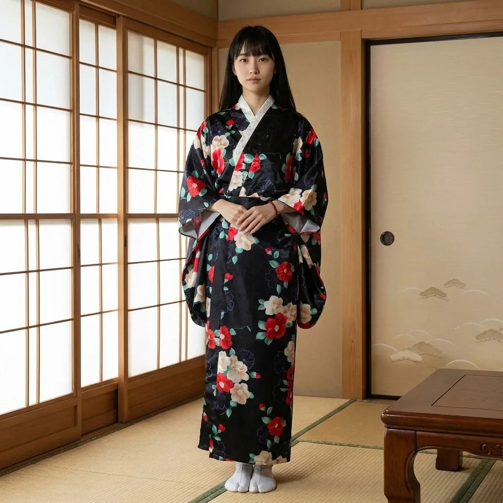 Kimono negro floral con motivo de camelia llevado abierto sobre un conjunto oscuro