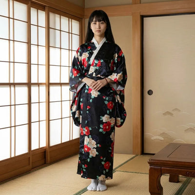 Kimono negro floral con motivo de camelia llevado abierto sobre un conjunto oscuro