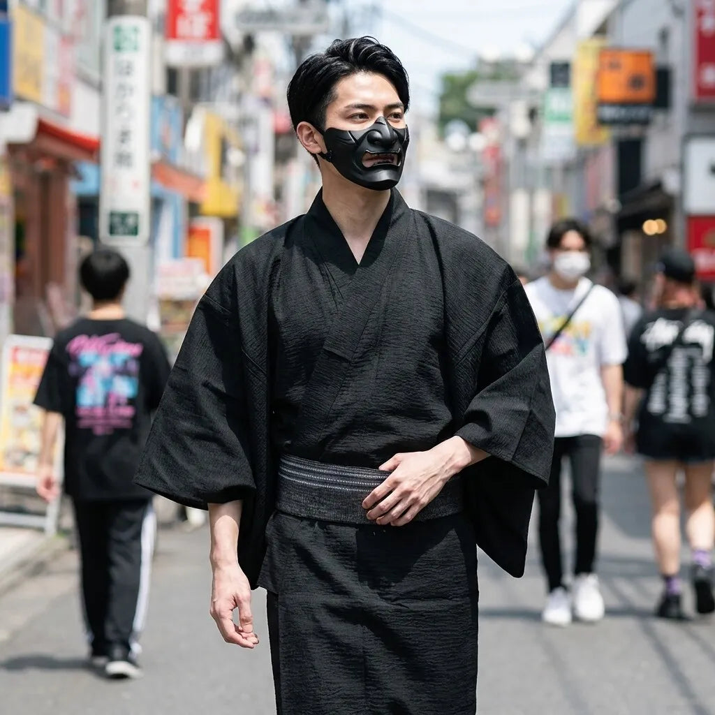 Kimono negro para hombre, vista frontal completa