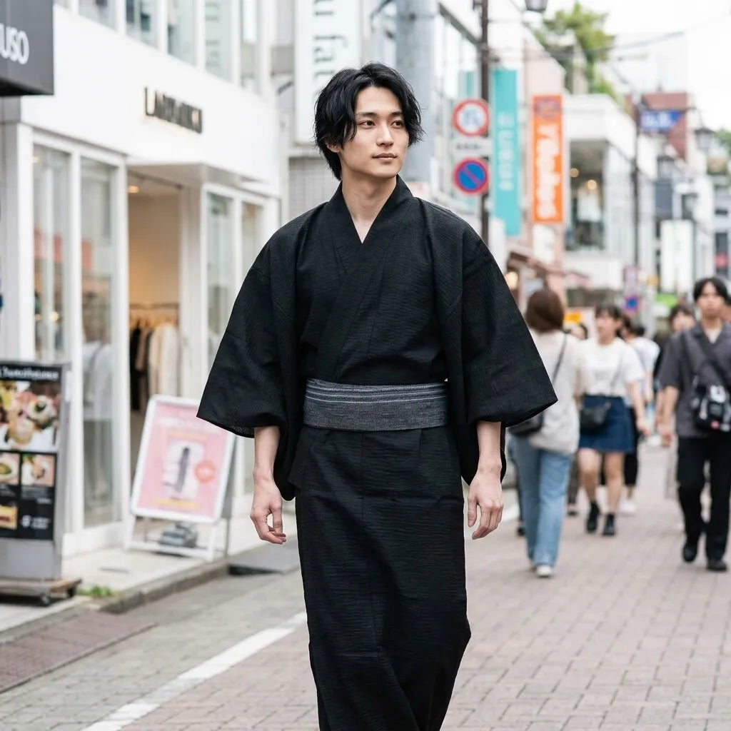 Kimono negro para hombre, detalle de tejido